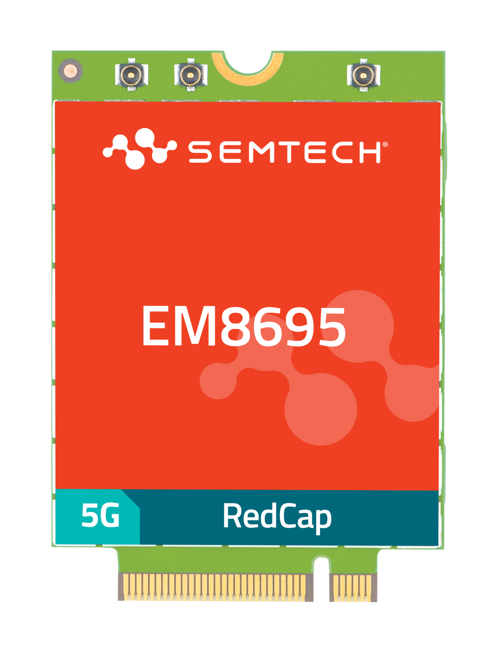 The image shows a Semtech EM8695 RedCap 5G module. It's a small rectangular electronic component with a red circuit board featuring the Semtech logo at the top, "EM8695" printed in white in the center, and a teal/green band at the bottom with "5G" and "RedCap" labels. This appears to be a communication module designed for 5G RedCap (Reduced Capability) applications.