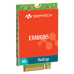 Semtech EM8695 5G RedCap module with a compact design, featuring the Semtech logo and branding in red, optimized for efficient 5G IoT connectivity