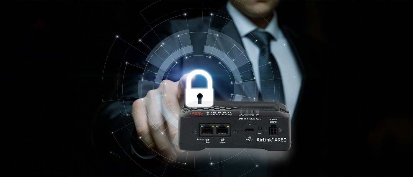 Business professional holding a Sierra Wireless AirLink XR60 router with a glowing security lock icon and digital network overlay, representing enhanced cybersecurity compliance features in AirLink OS 5.22