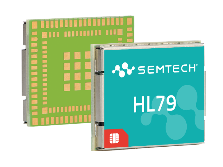 Semtech HL79 cellular module with a SIM interface, featuring a compact, solderable design for IoT applications. The module is displayed front and back, showcasing its connectivity and integration capabilities.