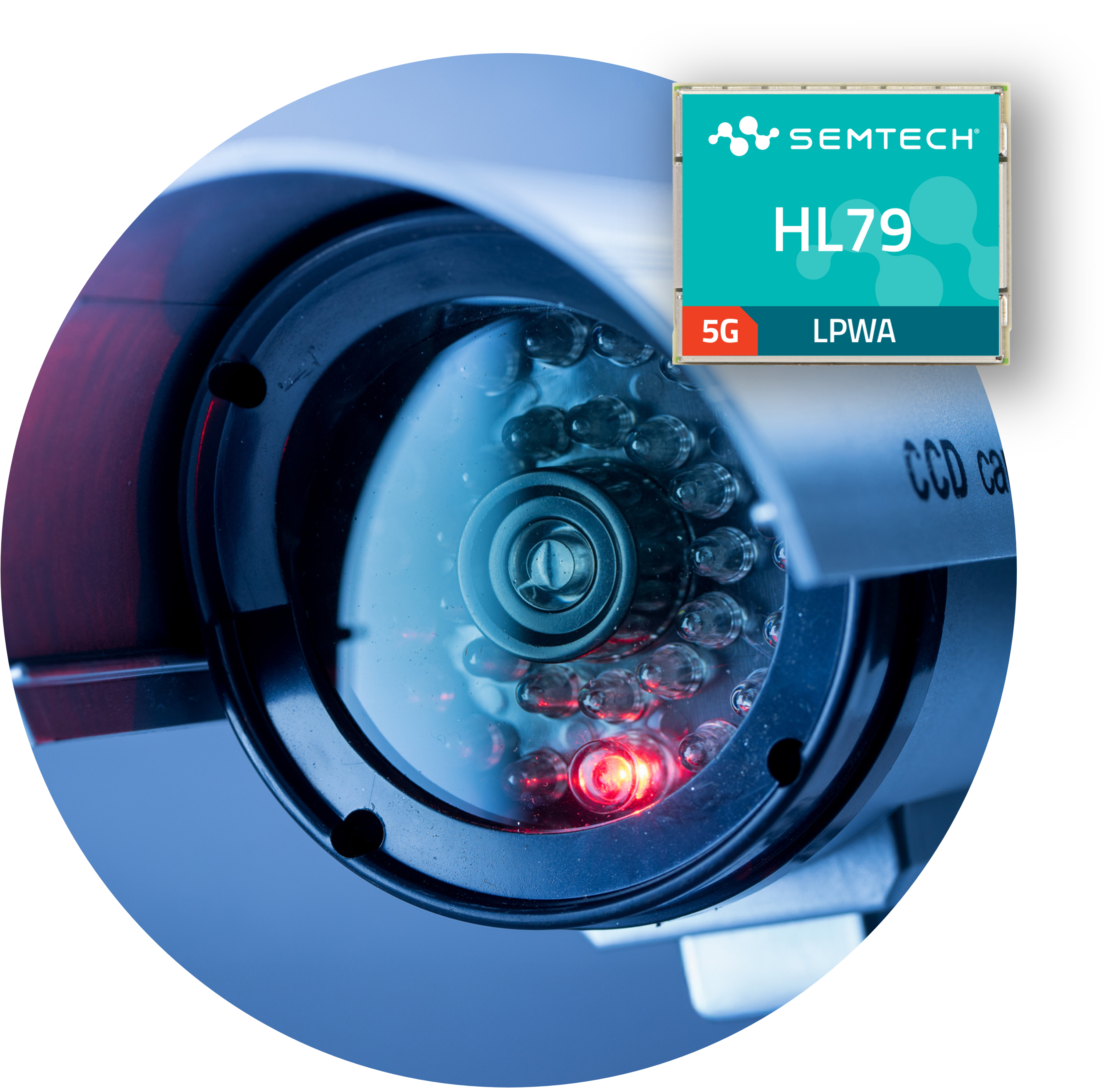 Close-up of an IoT-enabled security camera featuring Semtech's HL79 cellular connectivity module, showcased at Embedded World 2025. The night vision capability is visible through the illuminated infrared LEDs, demonstrating how modern surveillance solutions leverage cellular IoT technology for remote monitoring applications without requiring traditional network infrastructure
