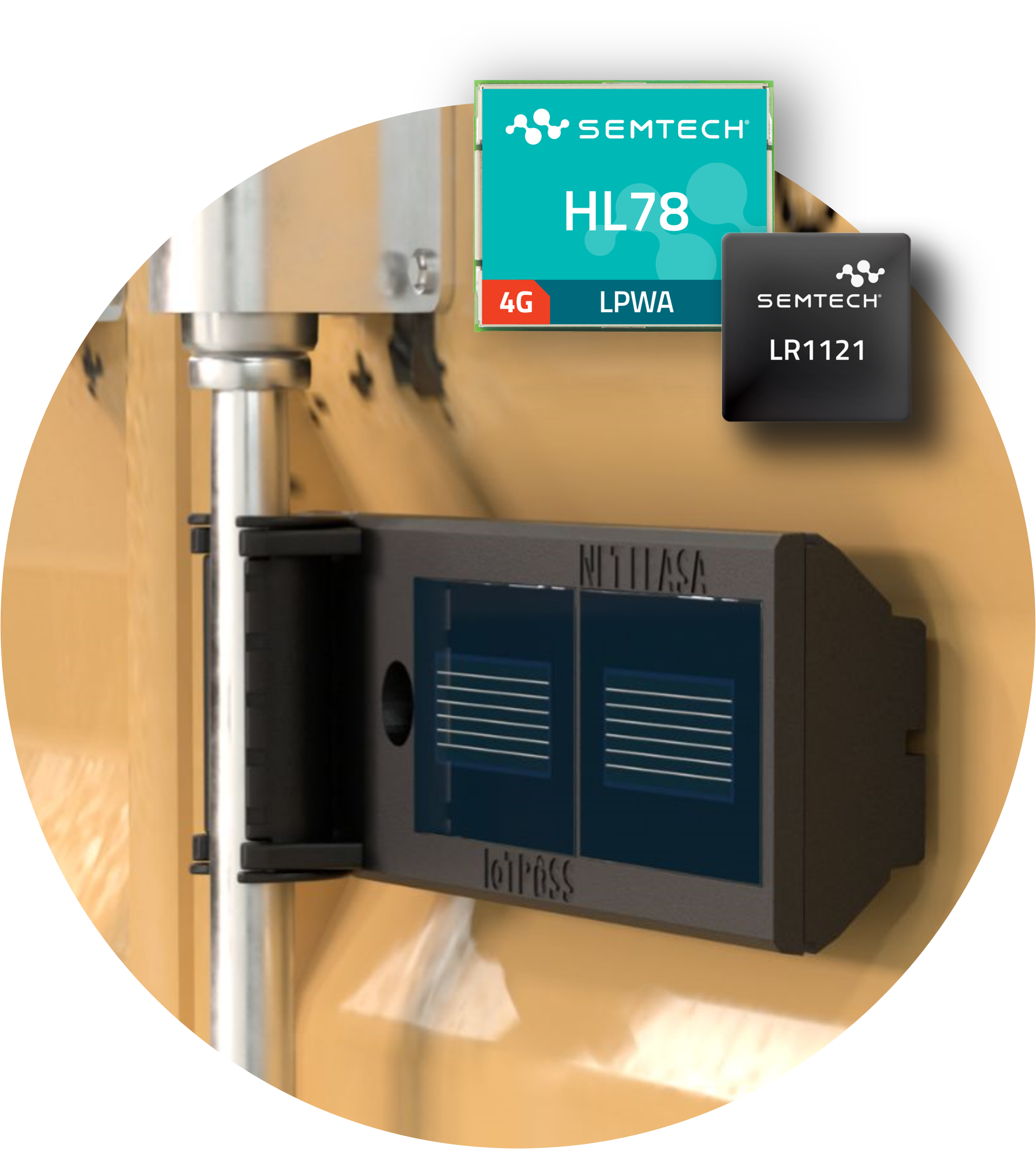 Close-up image of a black electronic device mounted on a light wooden or beige surface. The device appears to be a network or IoT gateway with ventilation slots on its casing. In the upper portion of the image, there's a teal Semtech product label showing 'HL79' which likely indicates a cellular IoT module or component. The device seems to be part of a smart home or industrial IoT setup, demonstrating practical application of Semtech's connectivity technology.