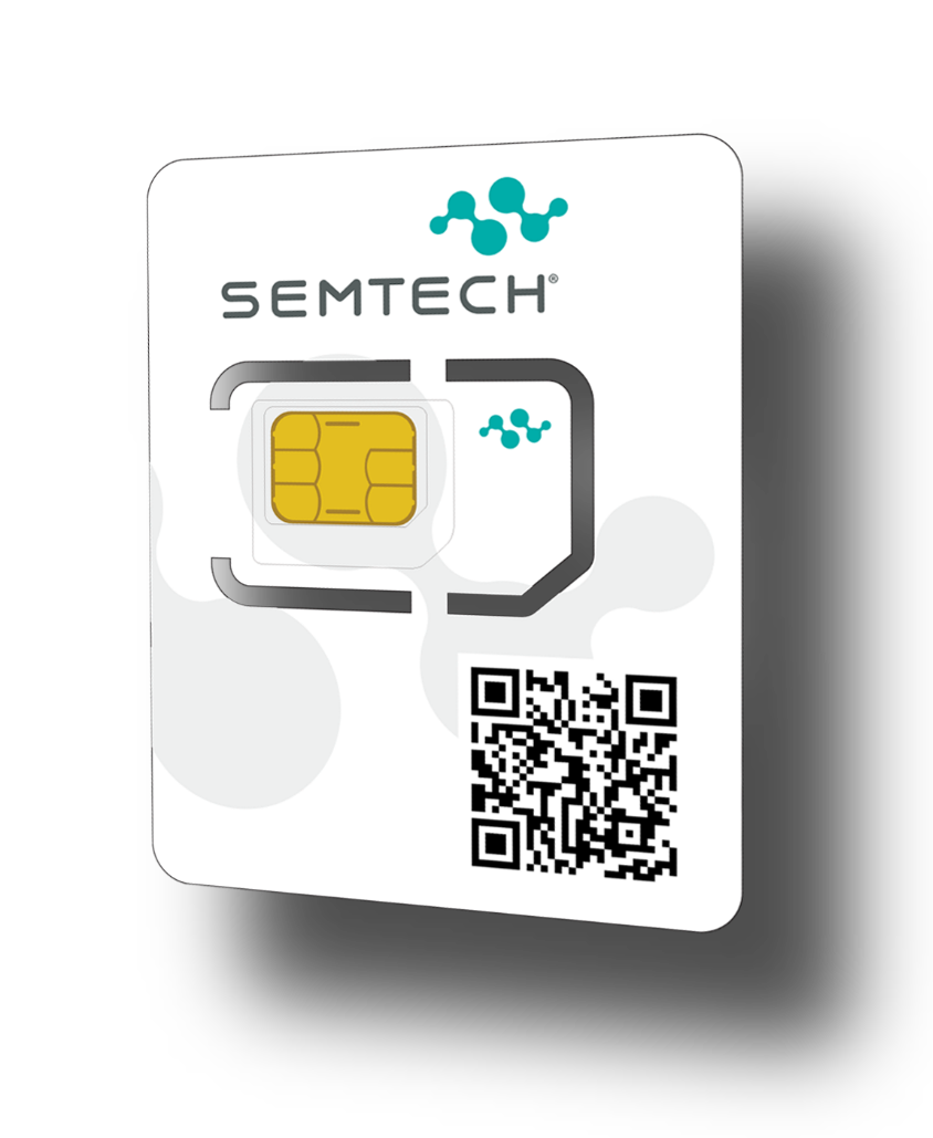 Semtech-branded SIM card with a white background, featuring a gold contact chip, a QR code for activation or information access, and the Semtech logo in teal, representing smart connectivity solutions.