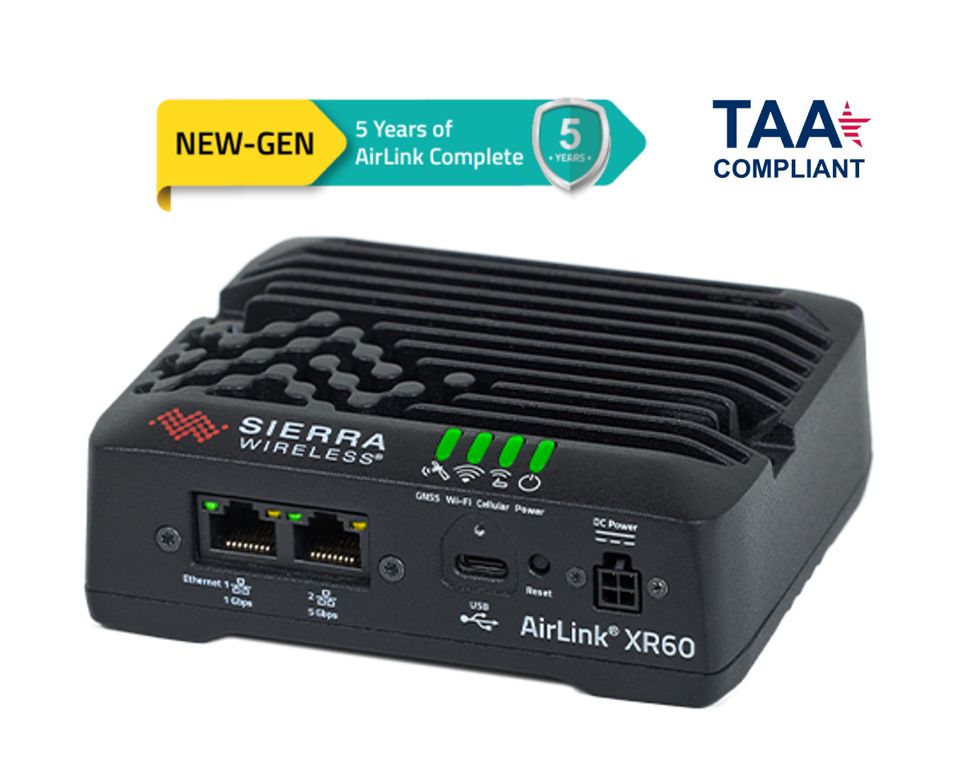 Sierra Wireless (now Semtech) AirLink XR60 rugged cellular router with dual Ethernet ports, USB connectivity, and green LED indicators, designed for secure and high-speed connectivity. A 'New-Gen' label highlights 5 years of AirLink Complete service.